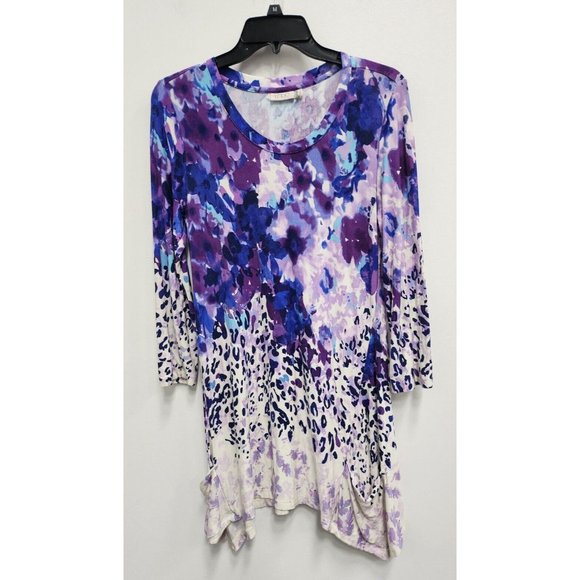 LOGO by Lori Goldstein Tops - LOGO Lori Goldstein Womens Tunic Top Small Purple White Floral Jersey Sharkbite